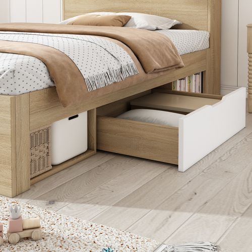 Lit Coffre Simple  90x190 Cm Avec Rangement - Tête De Lit Avec Niches, 2 Tiroirs- Bois Massif- Blanc