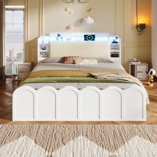 Lit Coffre 140x200 Cm Lit Rembourré Simple Avec Charge USB Type-c, Éclairage LED, Blanc