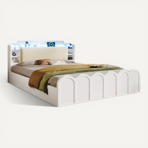 Lit Coffre 140x200 Cm Lit Rembourré Simple Avec Charge USB Type-c, Éclairage LED, Blanc