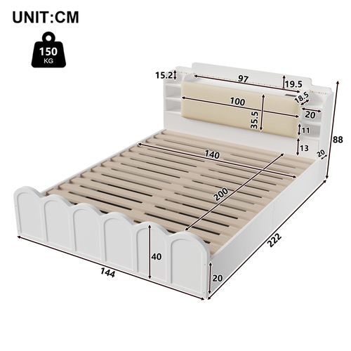 Lit Coffre 140x200 Cm Lit Rembourré Simple Avec Charge USB Type-c, Éclairage LED, Blanc