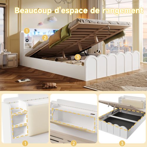 Lit Coffre 140x200 Cm Lit Rembourré Simple Avec Charge USB Type-c, Éclairage LED, Blanc