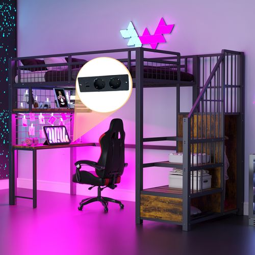 Lit Mezzanine 90x200 Cm En Métal Avec LED, Prise Charge, Échelle Rangement, Placard Intégré, Noir