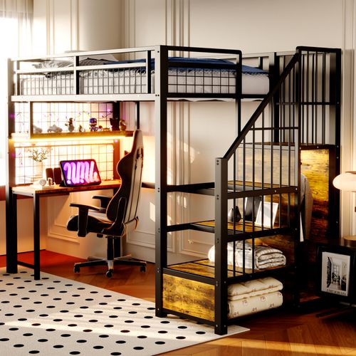 Lit Mezzanine 90x200 Cm En Métal Avec LED, Prise Charge, Échelle Rangement, Placard Intégré, Noir