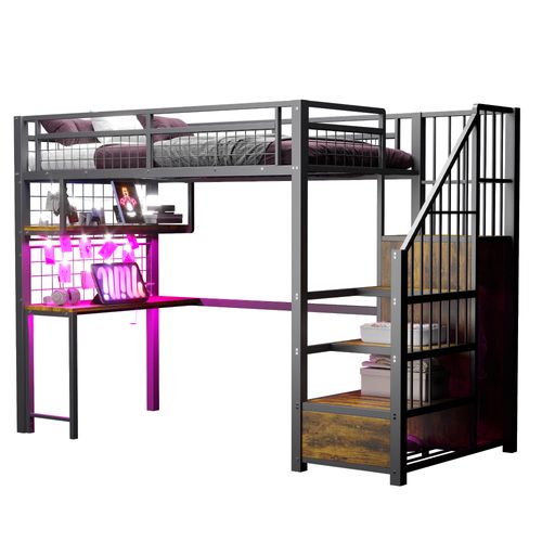 Lit Mezzanine 90x200 Cm En Métal Avec LED, Prise Charge, Échelle Rangement, Placard Intégré, Noir