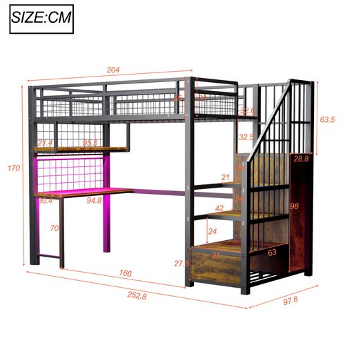 Lit Mezzanine 90x200 Cm En Métal Avec LED, Prise Charge, Échelle Rangement, Placard Intégré, Noir