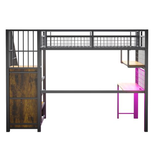 Lit Mezzanine 90x200 Cm En Métal Avec LED, Prise Charge, Échelle Rangement, Placard Intégré, Noir