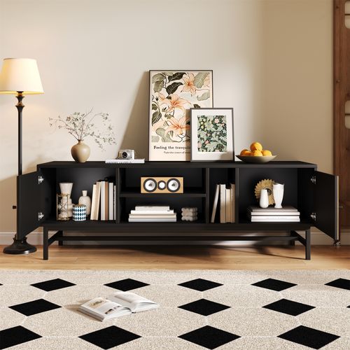Meuble TV – 150 Cm – Noir Et Bois – Espace De Rangement Polyvalent – Design Moderne Et Minimaliste