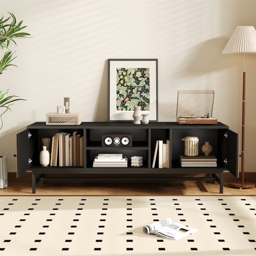 Meuble TV – 150 Cm – Noir Et Bois – Espace De Rangement Polyvalent – Design Moderne Et Minimaliste