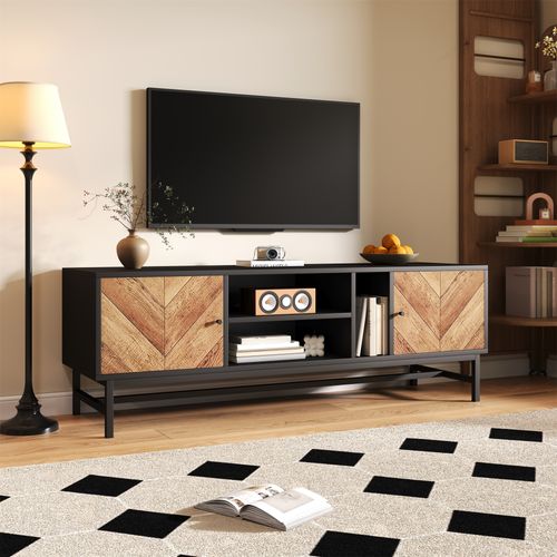 Meuble TV – 150 Cm – Noir Et Bois – Espace De Rangement Polyvalent – Design Moderne Et Minimaliste