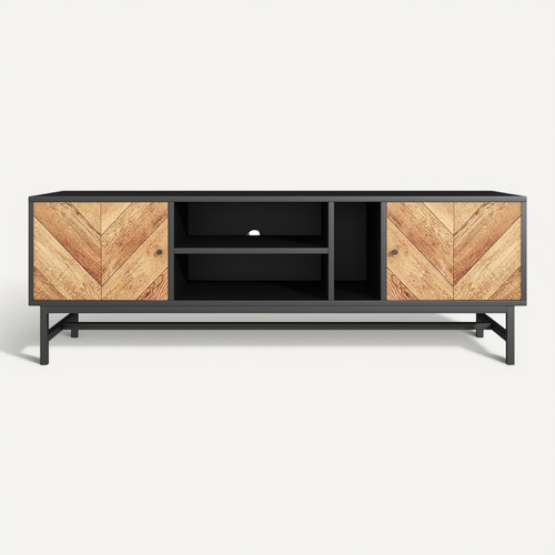 Meuble TV – 150 Cm – Noir Et Bois – Espace De Rangement Polyvalent – Design Moderne Et Minimaliste