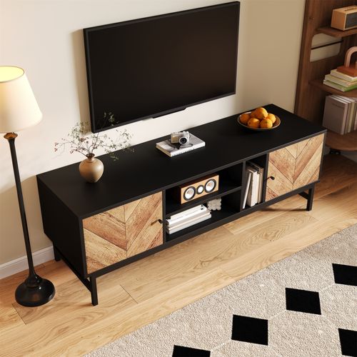 Meuble TV – 150 Cm – Noir Et Bois – Espace De Rangement Polyvalent – Design Moderne Et Minimaliste
