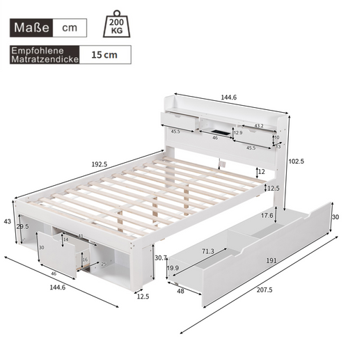 Lit Avec Rangements Intégrés 140x190 Cm - Prises USB + Type-c + 2 Prises électriques - Blanc