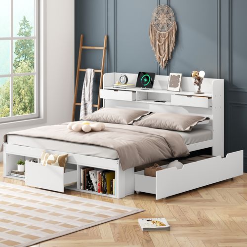 Lit Avec Rangements Intégrés 140x190 Cm - Prises USB + Type-c + 2 Prises électriques - Blanc
