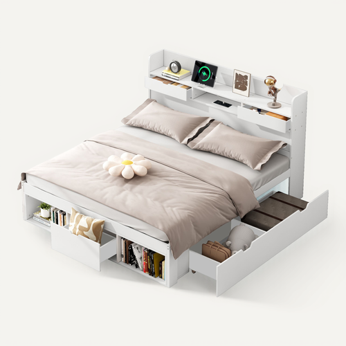 Lit Avec Rangements Intégrés 140x190 Cm - Prises USB + Type-c + 2 Prises électriques - Blanc