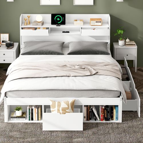 Lit Avec Rangements Intégrés 140x190 Cm - Prises USB + Type-c + 2 Prises électriques - Blanc
