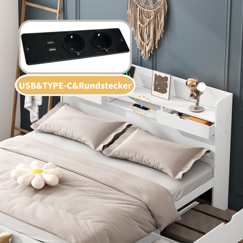 Lit Avec Rangements Intégrés 140x190 Cm - Prises USB + Type-c + 2 Prises électriques - Blanc