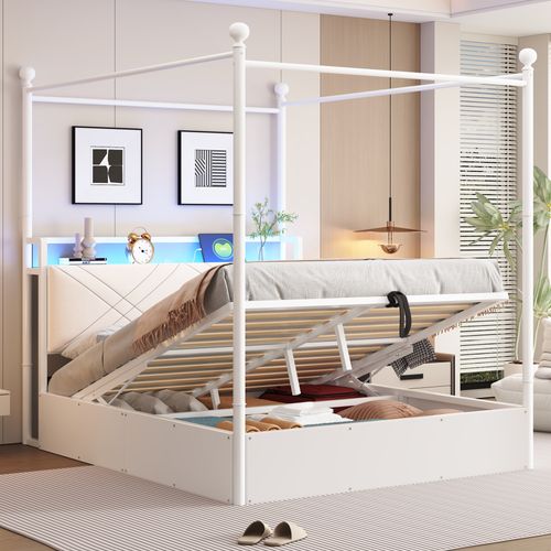 Lit Coffre à Baldaquin 140x190 En Métal Blanc Avec LED Et USB Type-c