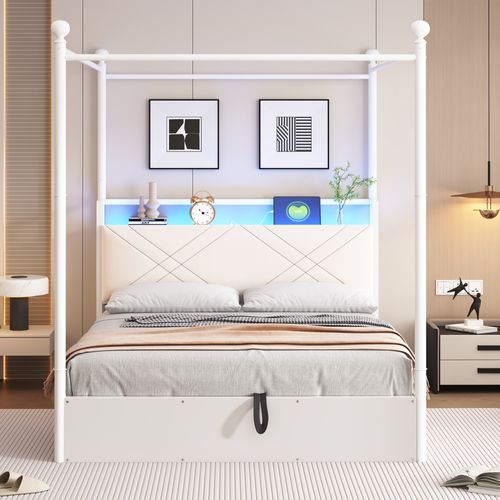 Lit Coffre à Baldaquin 140x190 En Métal Blanc Avec LED Et USB Type-c