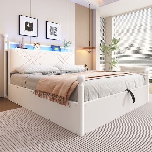 Lit Coffre à Baldaquin 140x190 En Métal Blanc Avec LED Et USB Type-c