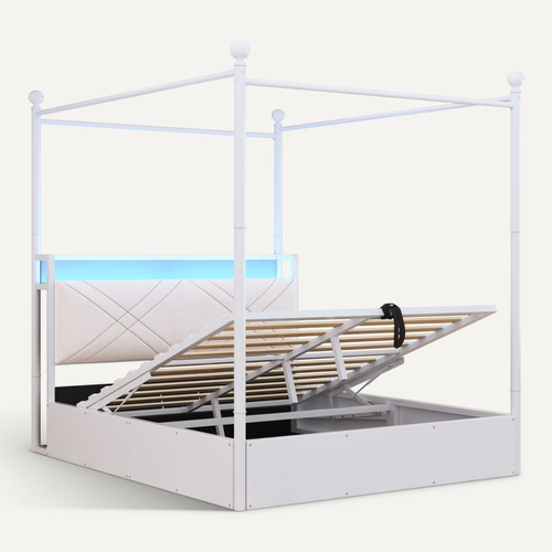 Lit Coffre à Baldaquin 140x190 En Métal Blanc Avec LED Et USB Type-c