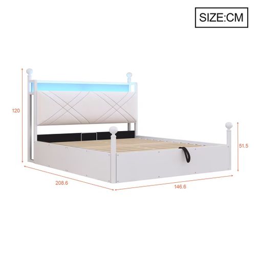 Lit Coffre à Baldaquin 140x190 En Métal Blanc Avec LED Et USB Type-c