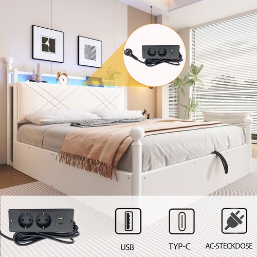 Lit Coffre à Baldaquin 140x190 En Métal Blanc Avec LED Et USB Type-c