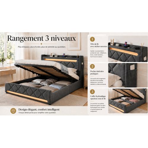 Lit Coffre 160x200 - Lit Double Avec Rangement 3 Niveaux, LED 360°, 3 USB + USB-c, Tissu Lin - Gris