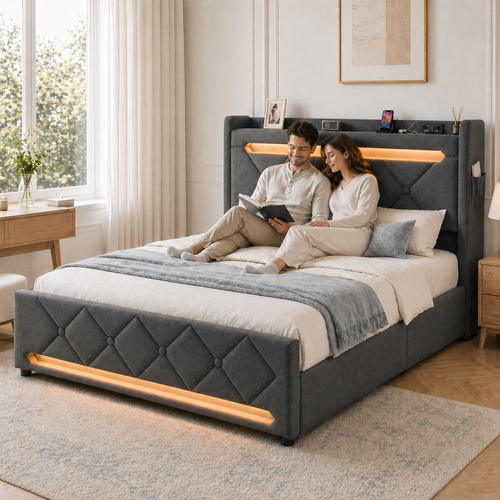 Lit Coffre 160x200 - Lit Double Avec Rangement 3 Niveaux, LED 360°, 3 USB + USB-c, Tissu Lin - Gris