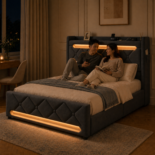 Lit Coffre 160x200 - Lit Double Avec Rangement 3 Niveaux, LED 360°, 3 USB + USB-c, Tissu Lin - Gris