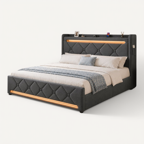 Lit Coffre 160x200 - Lit Double Avec Rangement 3 Niveaux, LED 360°, 3 USB + USB-c, Tissu Lin - Gris