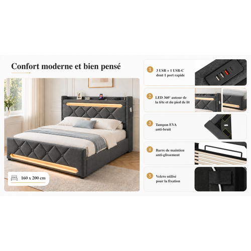 Lit Coffre 160x200 - Lit Double Avec Rangement 3 Niveaux, LED 360°, 3 USB + USB-c, Tissu Lin - Gris