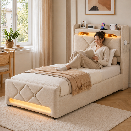 Lit Coffre 90x200 - Lit Simple Avec Rangement 3 Niveaux, LED 360°, 3 USB + USB-c, Tissu Lin - Beige