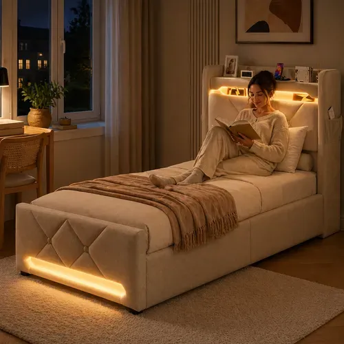 Lit Coffre 90x200 - Lit Simple Avec Rangement 3 Niveaux, LED 360°, 3 USB + USB-c, Tissu Lin - Beige