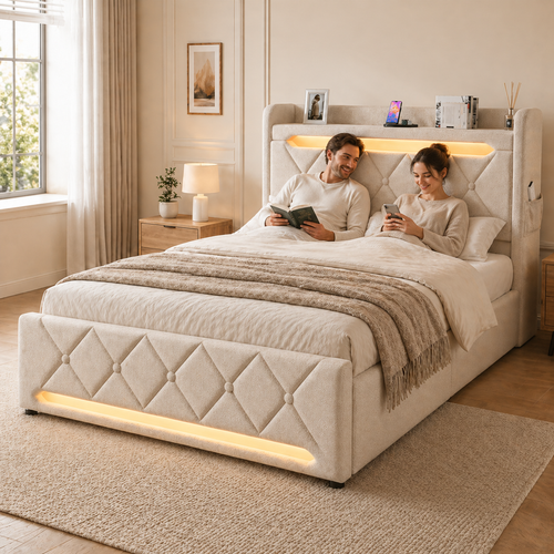 Lit Coffre 140x190 - Lit Double Compact Avec Rangement 3 Niveaux, LED 360°, 3 USB + USB-c, Beige