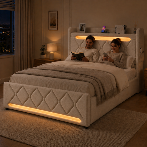 Lit Coffre 140x190 - Lit Double Compact Avec Rangement 3 Niveaux, LED 360°, 3 USB + USB-c, Beige