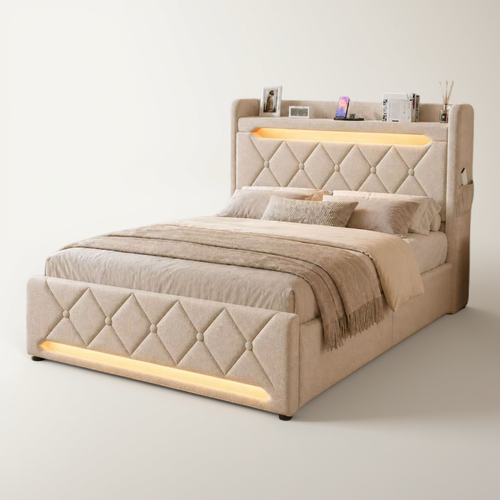 Lit Coffre 140x190 - Lit Double Compact Avec Rangement 3 Niveaux, LED 360°, 3 USB + USB-c, Beige