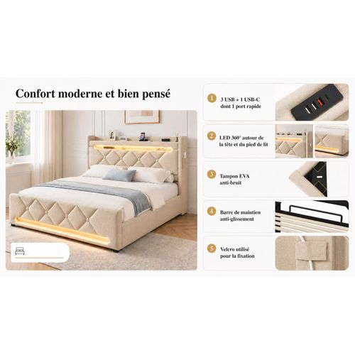 Lit Coffre 140x190 - Lit Double Compact Avec Rangement 3 Niveaux, LED 360°, 3 USB + USB-c, Beige