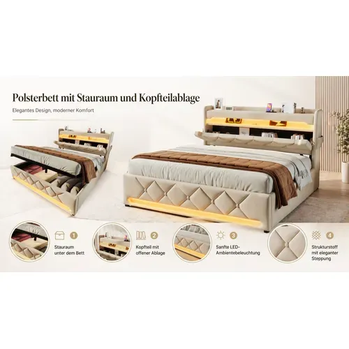 Lit Coffre 160x200 - Lit Double Avec Rangement 3 Niveaux, LED 360°, 3 USB + USB-c, Tissu Lin - Beige