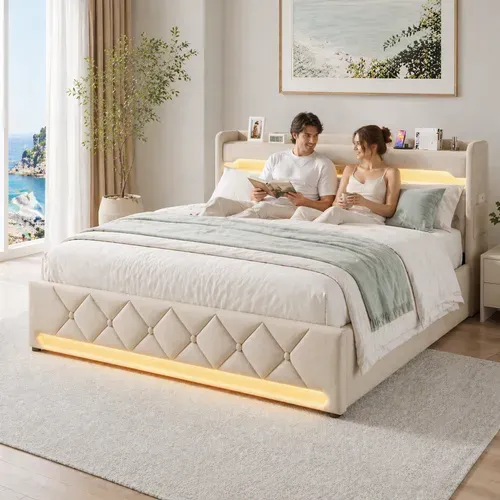 Lit Coffre 160x200 - Lit Double Avec Rangement 3 Niveaux, LED 360°, 3 USB + USB-c, Tissu Lin - Beige