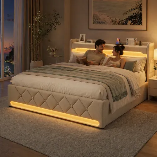 Lit Coffre 160x200 - Lit Double Avec Rangement 3 Niveaux, LED 360°, 3 USB + USB-c, Tissu Lin - Beige