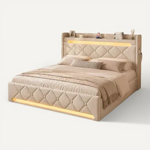 Lit Coffre 160x200 - Lit Double Avec Rangement 3 Niveaux, LED 360°, 3 USB + USB-c, Tissu Lin - Beige