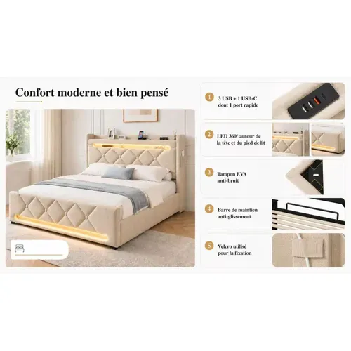 Lit Coffre 160x200 - Lit Double Avec Rangement 3 Niveaux, LED 360°, 3 USB + USB-c, Tissu Lin - Beige