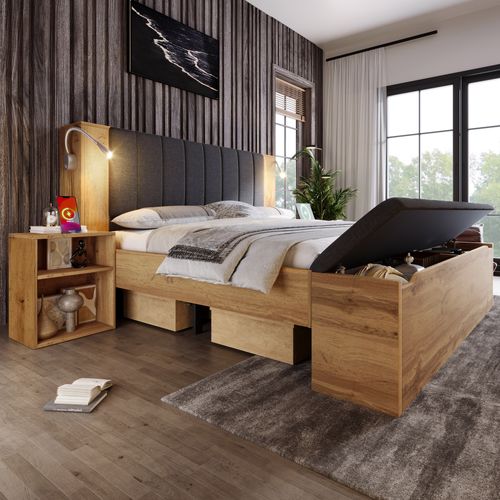 Lit Coffre 180x200 Avec Rangement, Chevets, Banc Coffre, Liseuses USB, Sommier, Finition Chêne