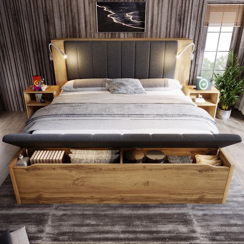 Lit Coffre 180x200 Avec Rangement, Chevets, Banc Coffre, Liseuses USB, Sommier, Finition Chêne