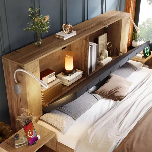 Lit Coffre 180x200 Avec Rangement, Chevets, Banc Coffre, Liseuses USB, Sommier, Finition Chêne