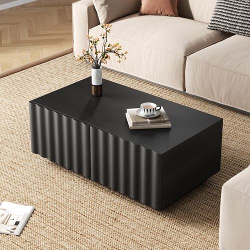 Table Basse 100x50x40 Cm 2 Tiroirs Façade Ondulée Mdf Noir