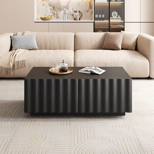 Table Basse 100x50x40 Cm 2 Tiroirs Façade Ondulée Mdf Noir