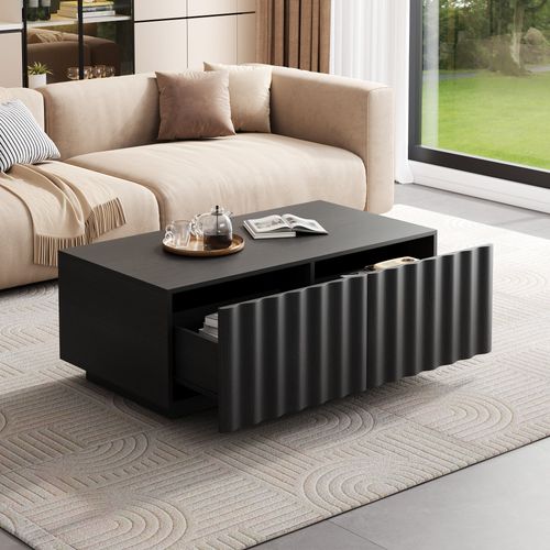 Table Basse 100x50x40 Cm 2 Tiroirs Façade Ondulée Mdf Noir