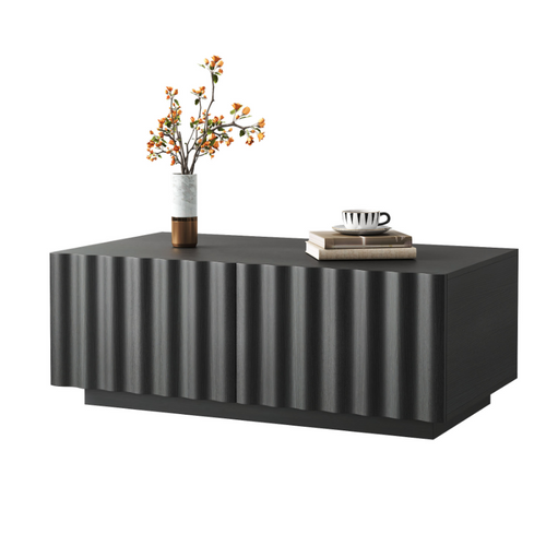 Table Basse 100x50x40 Cm 2 Tiroirs Façade Ondulée Mdf Noir