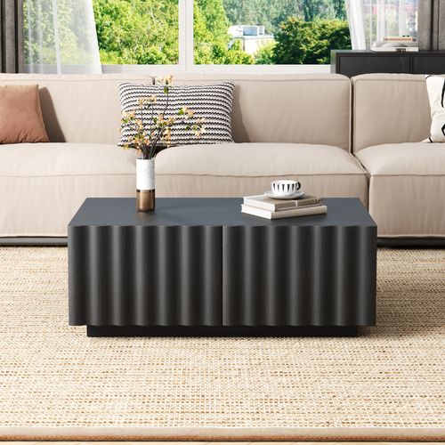 Table Basse 100x50x40 Cm 2 Tiroirs Façade Ondulée Mdf Noir